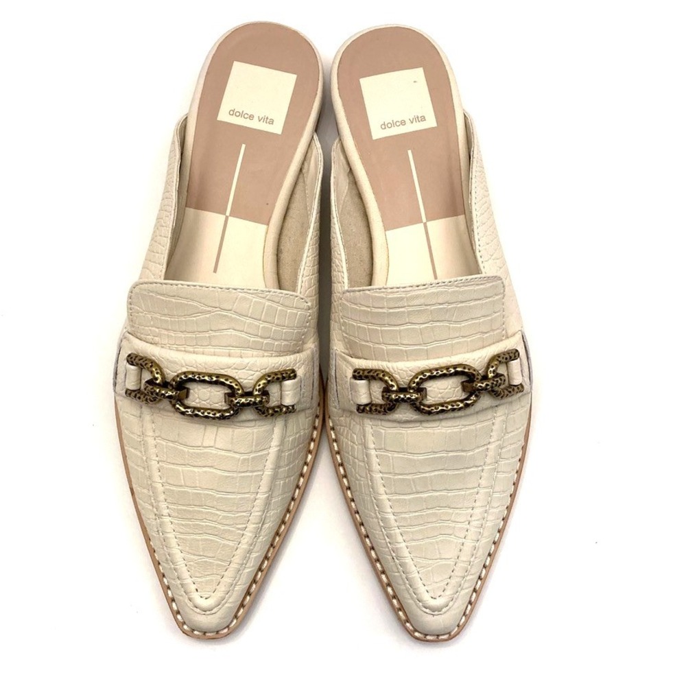 Dolce Vita Sidon Mules Ivory Embossed Leather Chain Slip On Loafer Womens 7
